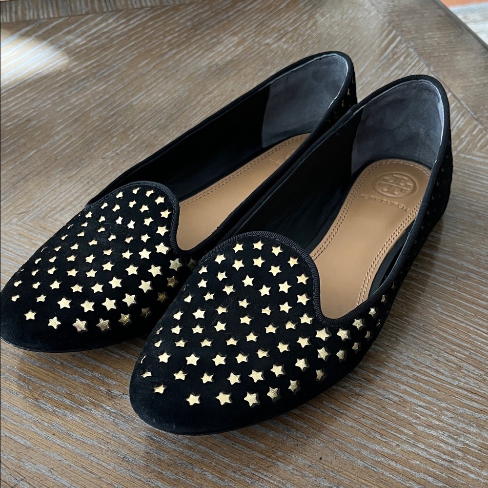Tory Burch Black Suede Star-Stud Loafers with Gold Accents
